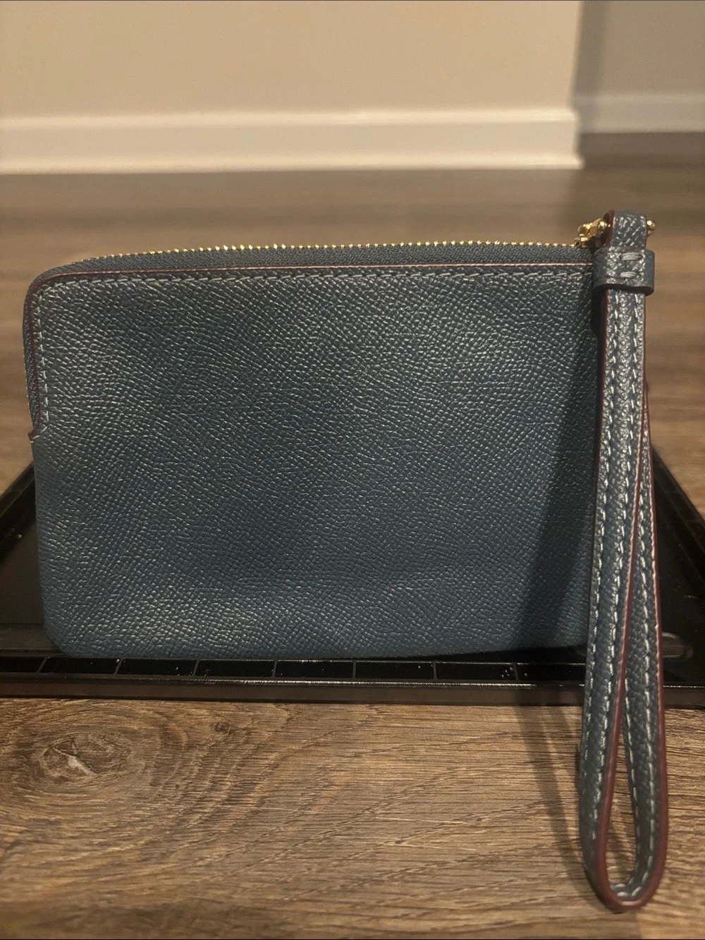 Coach Navy Leather Wristlet with Gold Logo